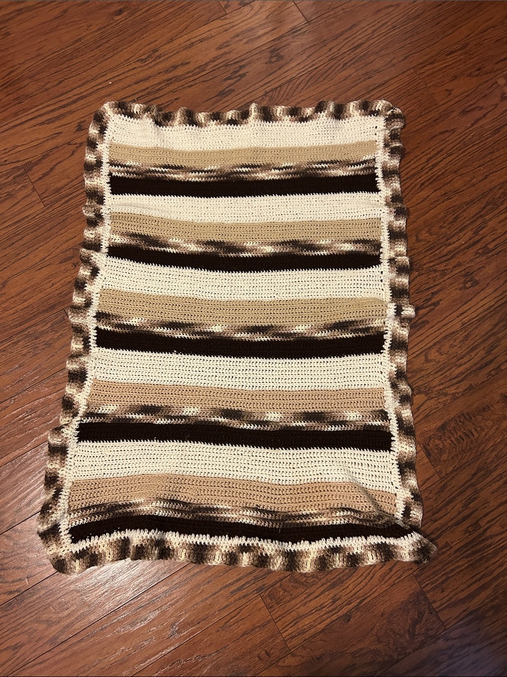 Handmade Cream and Brown Striped Crochet Throw lap or babyBlanket 40by31